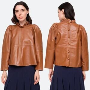 NEW Sea New York Lora Leather Back Buttoned Ruffled Neck Top Caramel Brown